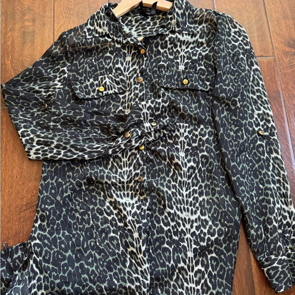 Leopard Print semi sheer Button-Up Blouse (small fray hem)
